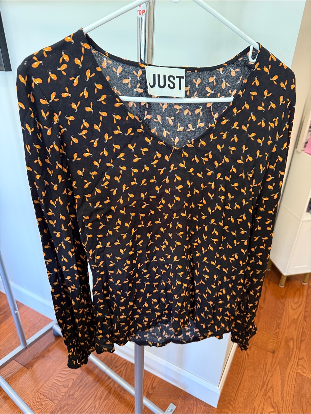 Black V-Neck Long Sleeve Top with Orange Leaf Print
